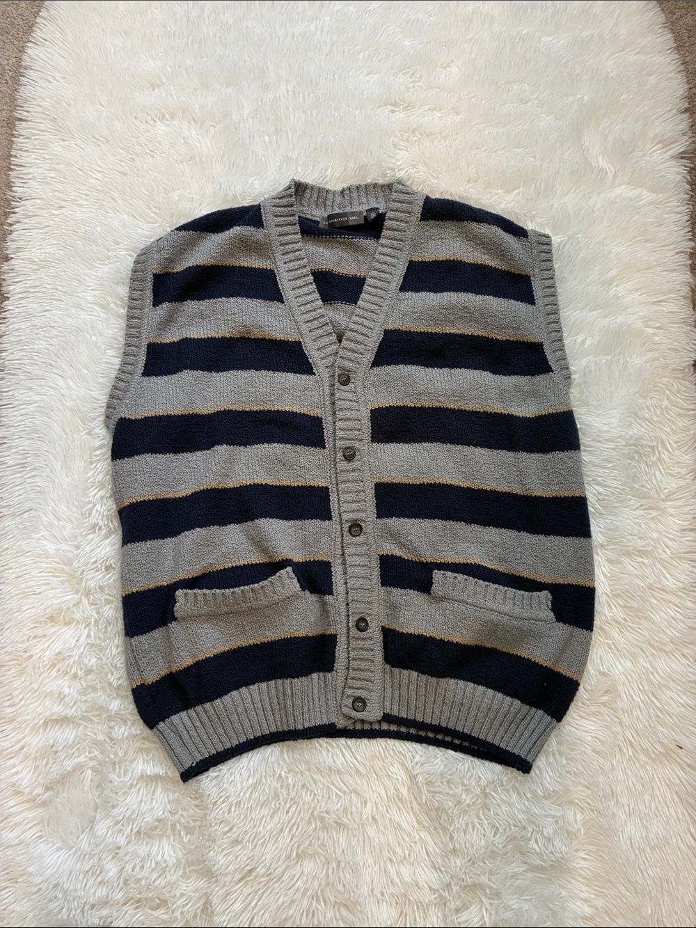 Men's Gray & Navy Striped Buttoned Sweater Vest